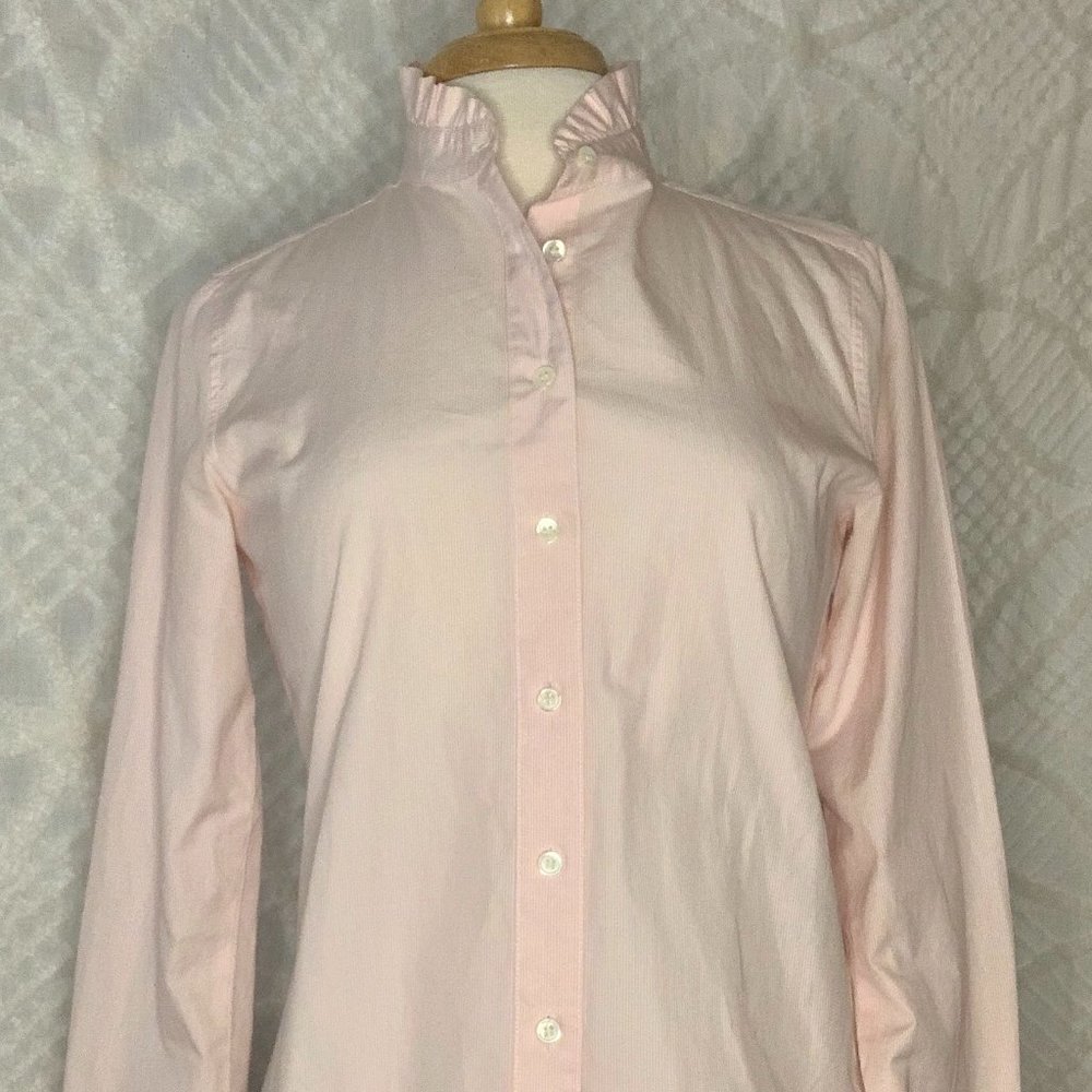J Crew Pink Stripe Ruffle Neck Button Blouse